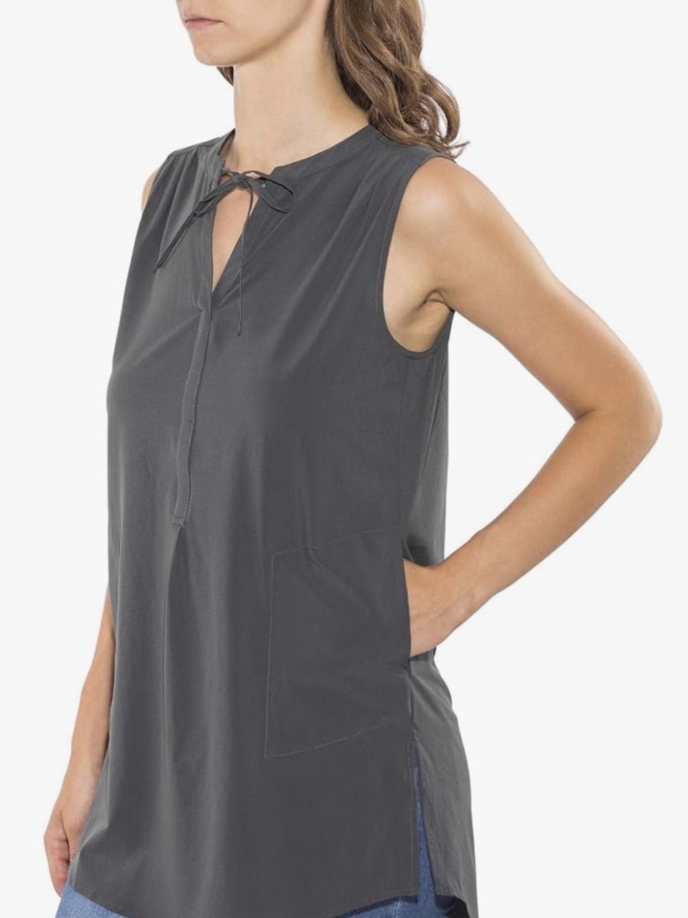PRANA Natassa Sleeveless Tie-Neck Tunic in Charcoal Gray XS